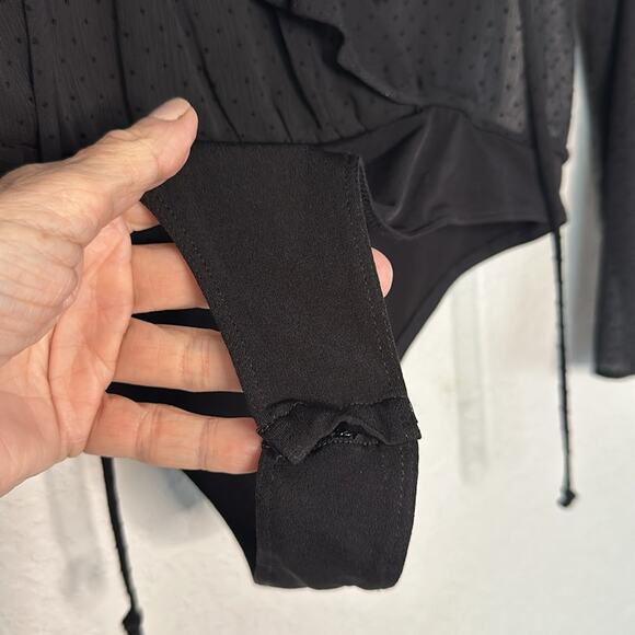 NEW Sheer Black Polka Dot Long Sleeve Bodysuit Ruffle Cocktail Party Holiday - Picture 7 of 8